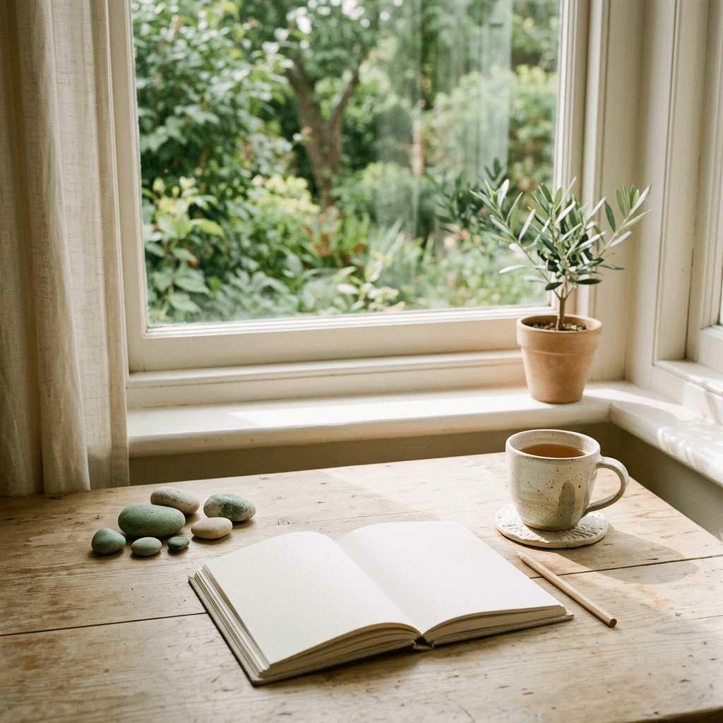 Open journal, tea cup, stones, and olive tree on sunlit table